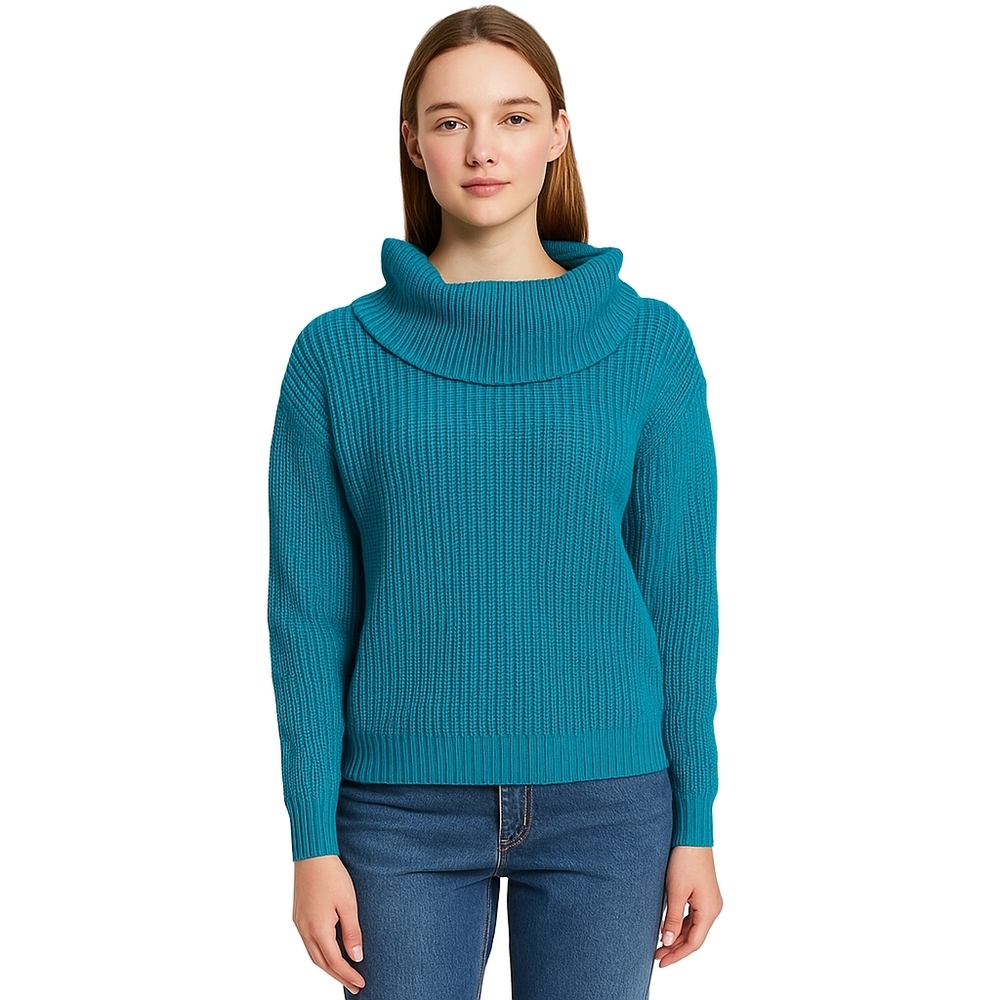 Teal Ribbed Cowl Neck Sweater Poof Excellence Size L
